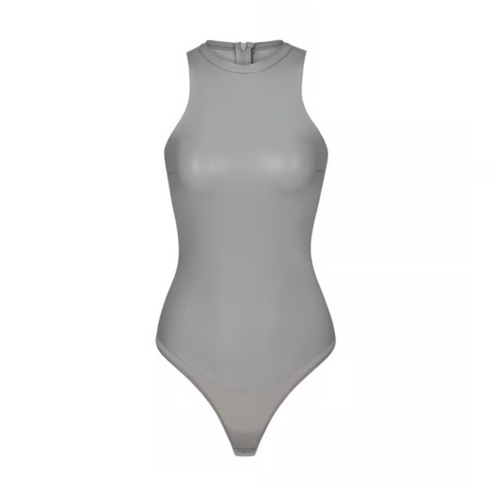NWOT. SKIMS Light Gray Faux Leather Sleeveless Bodysuit. Size Medium.